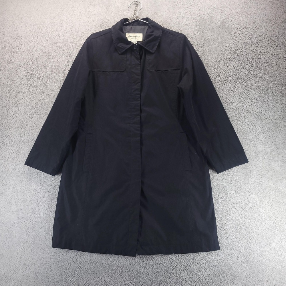 Eddie Bauer Coat Womens M Black Cotton Blend Rain Mid Length Lined Trench